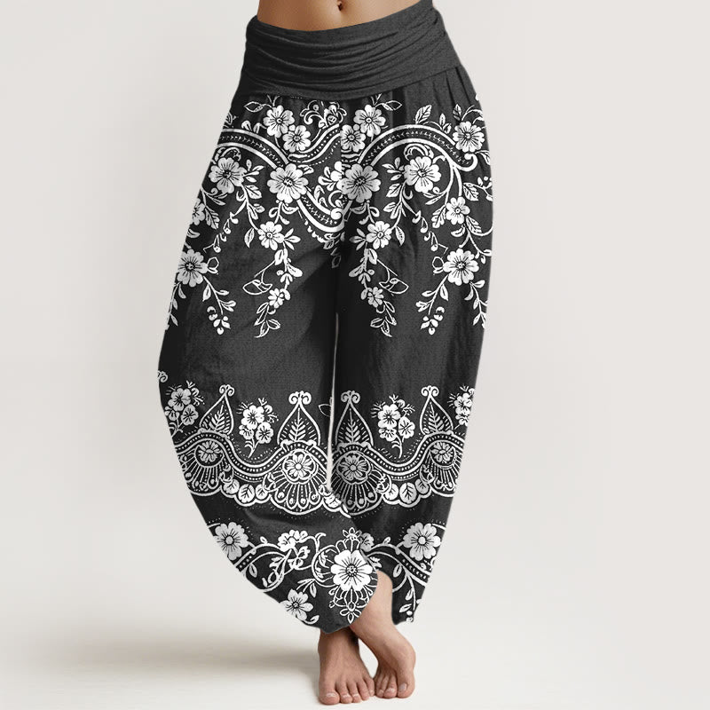 Nimara Ritual Cotton Traditional Flower Vine Leaf Pattern Women's Elastic Waist Harem Pants