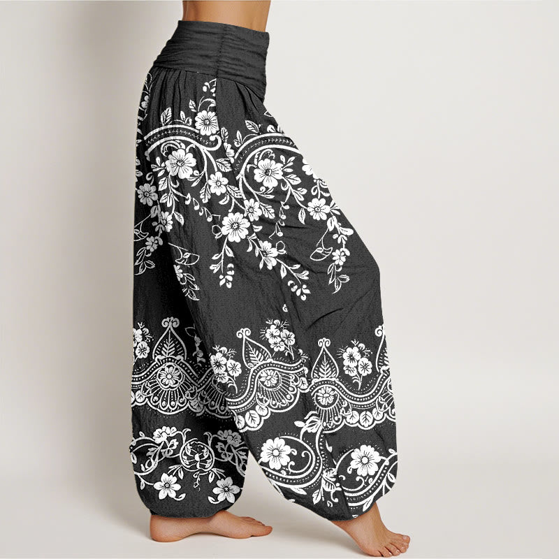 Nimara Ritual Cotton Traditional Flower Vine Leaf Pattern Women's Elastic Waist Harem Pants