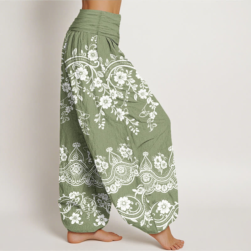 Nimara Ritual Cotton Traditional Flower Vine Leaf Pattern Women's Elastic Waist Harem Pants