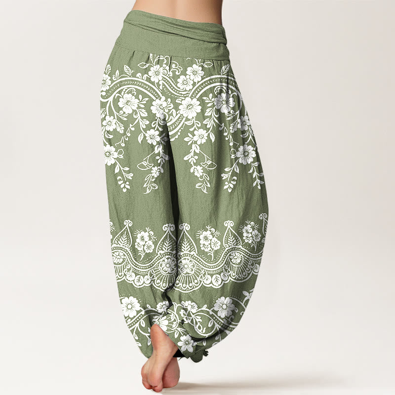 Nimara Ritual Cotton Traditional Flower Vine Leaf Pattern Women's Elastic Waist Harem Pants