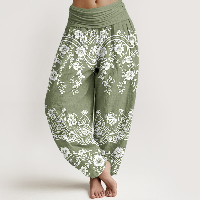 Nimara Ritual Cotton Traditional Flower Vine Leaf Pattern Women's Elastic Waist Harem Pants