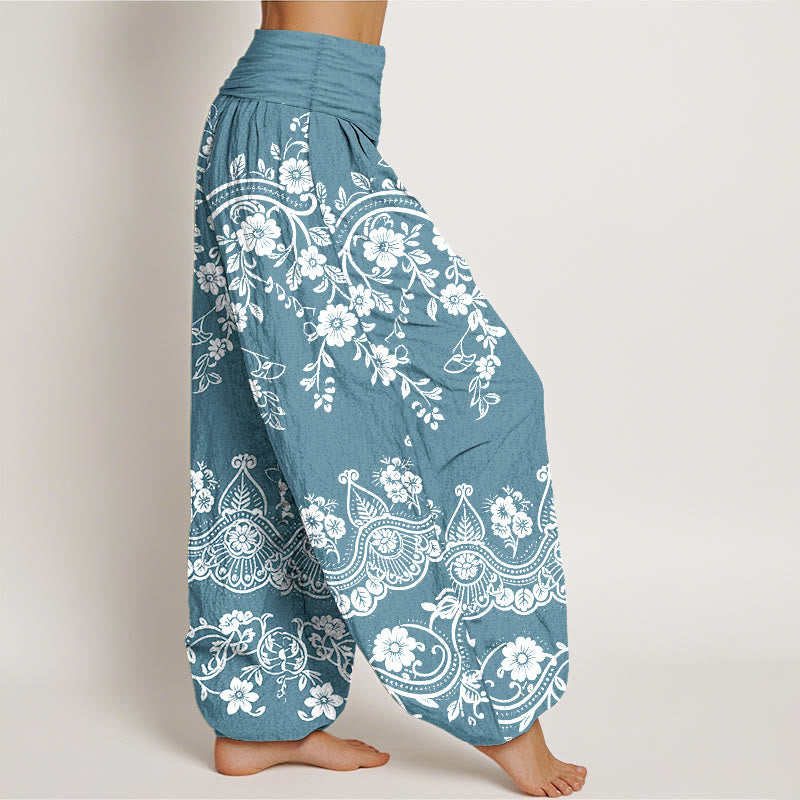 Nimara Ritual Cotton Traditional Flower Vine Leaf Pattern Women's Elastic Waist Harem Pants