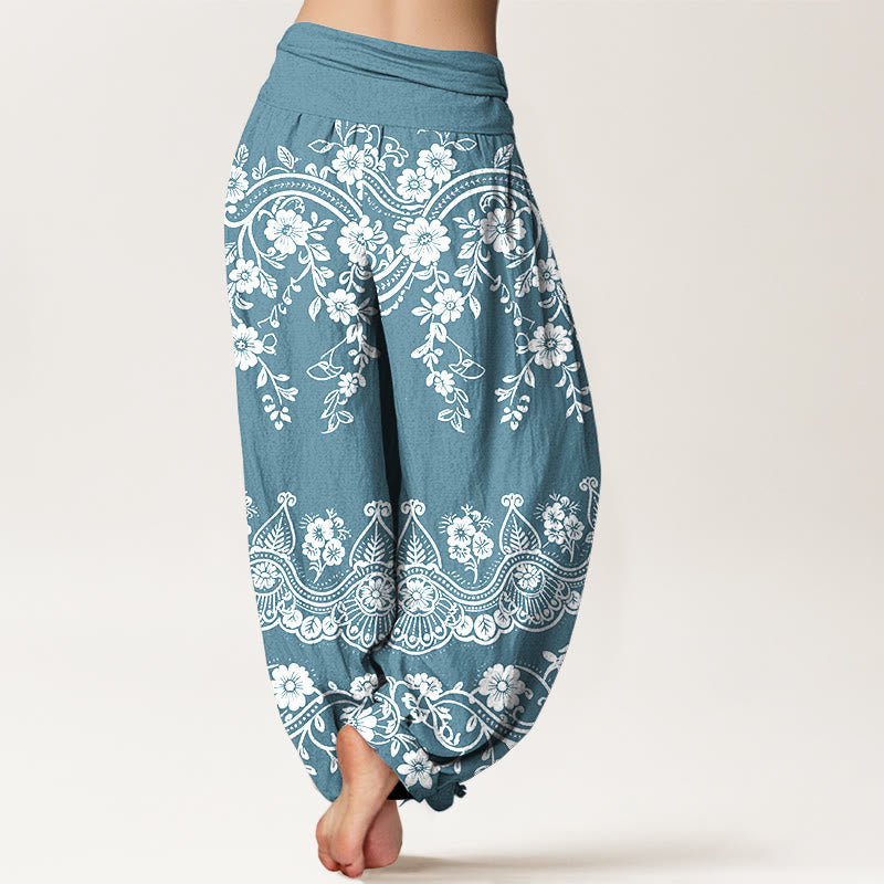 Nimara Ritual Cotton Traditional Flower Vine Leaf Pattern Women's Elastic Waist Harem Pants