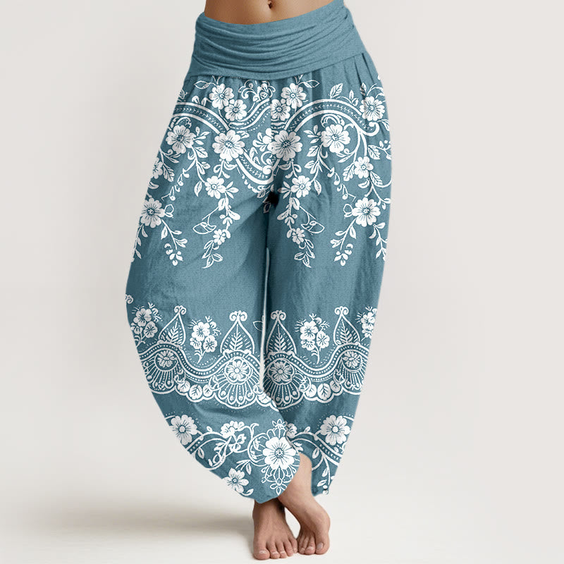 Nimara Ritual Cotton Traditional Flower Vine Leaf Pattern Women's Elastic Waist Harem Pants