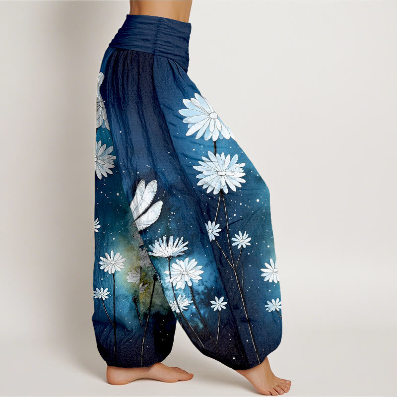 Nimara Ritual Cotton Dreamy Daisy Dragonfly Pattern Women's Elastic Waist Harem Pants