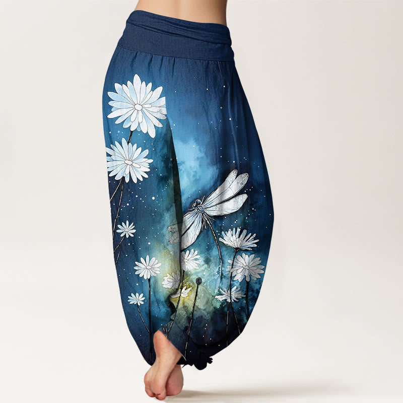 Nimara Ritual Cotton Dreamy Daisy Dragonfly Pattern Women's Elastic Waist Harem Pants