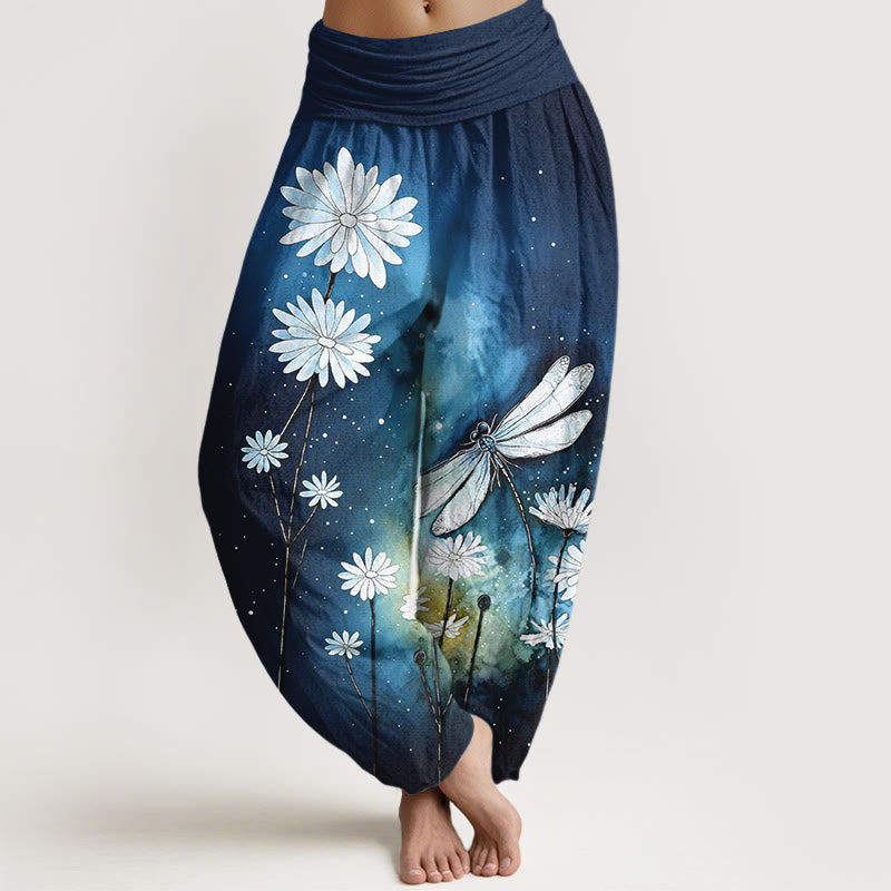 Nimara Ritual Cotton Dreamy Daisy Dragonfly Pattern Women's Elastic Waist Harem Pants