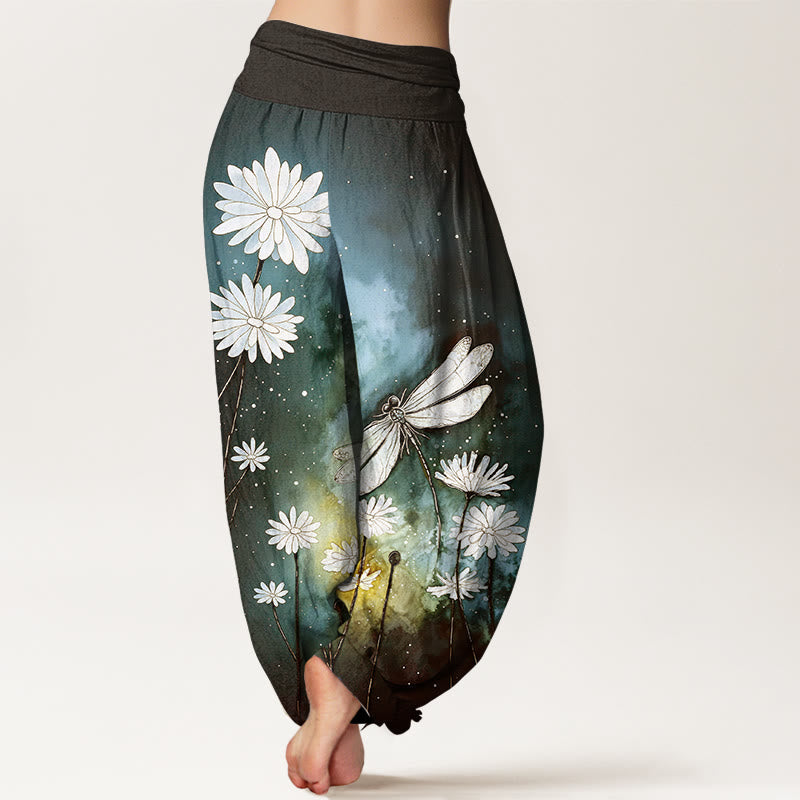 Nimara Ritual Cotton Dreamy Daisy Dragonfly Pattern Women's Elastic Waist Harem Pants
