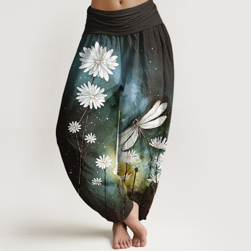Nimara Ritual Cotton Dreamy Daisy Dragonfly Pattern Women's Elastic Waist Harem Pants