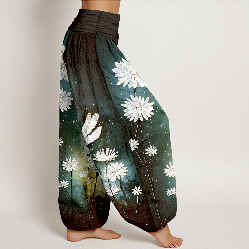 Nimara Ritual Cotton Dreamy Daisy Dragonfly Pattern Women's Elastic Waist Harem Pants
