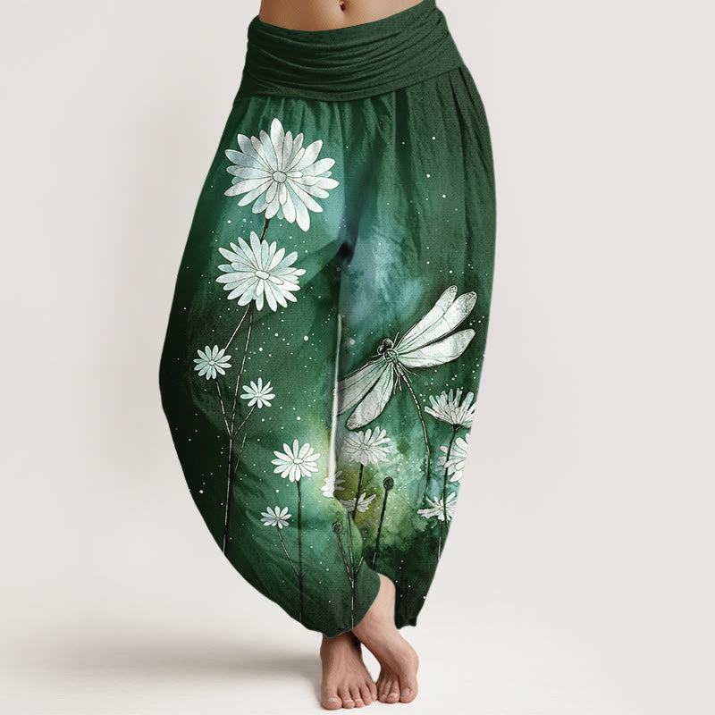 Nimara Ritual Cotton Dreamy Daisy Dragonfly Pattern Women's Elastic Waist Harem Pants