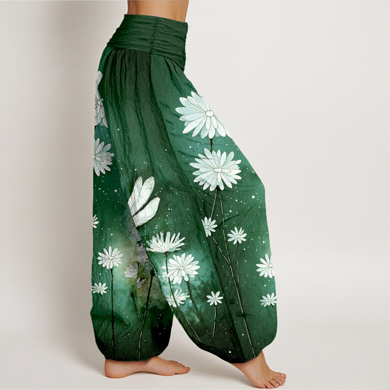 Nimara Ritual Cotton Dreamy Daisy Dragonfly Pattern Women's Elastic Waist Harem Pants