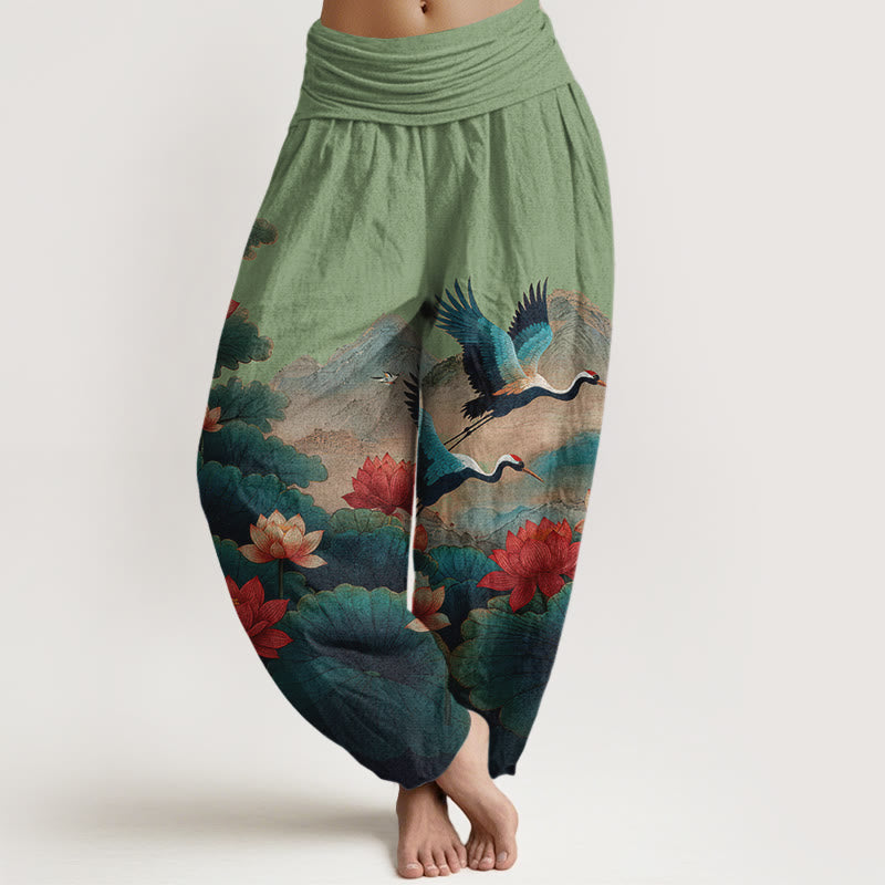 Nimara Ritual Cotton Classical Lotus Flower Leaf Crane Mountain Pattern Women's Elastic Waist Harem Pants