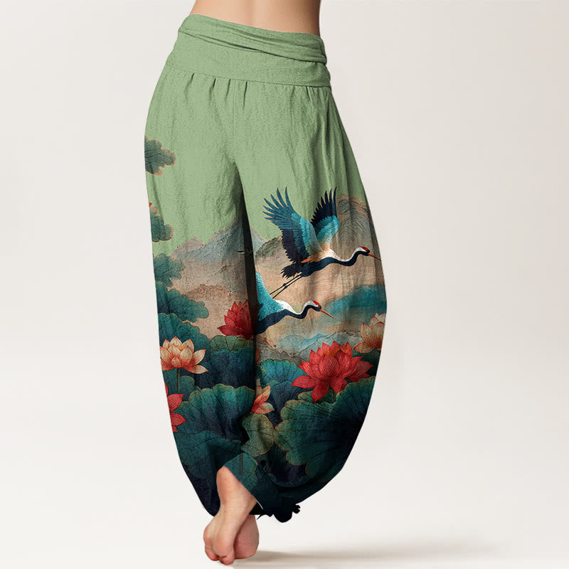 Nimara Ritual Cotton Classical Lotus Flower Leaf Crane Mountain Pattern Women's Elastic Waist Harem Pants