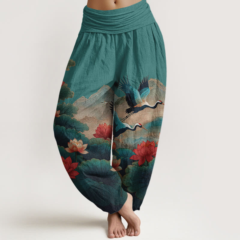 Nimara Ritual Cotton Classical Lotus Flower Leaf Crane Mountain Pattern Women's Elastic Waist Harem Pants