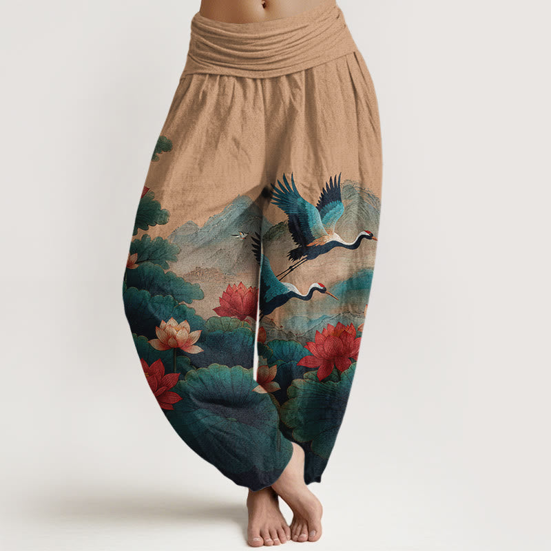 Nimara Ritual Cotton Classical Lotus Flower Leaf Crane Mountain Pattern Women's Elastic Waist Harem Pants
