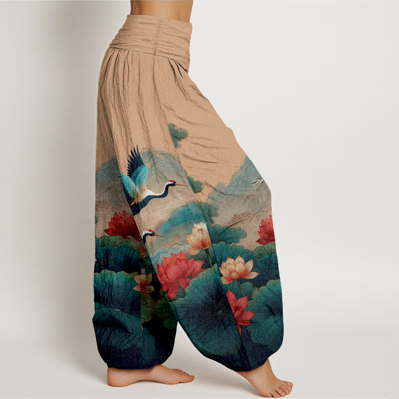 Nimara Ritual Cotton Classical Lotus Flower Leaf Crane Mountain Pattern Women's Elastic Waist Harem Pants