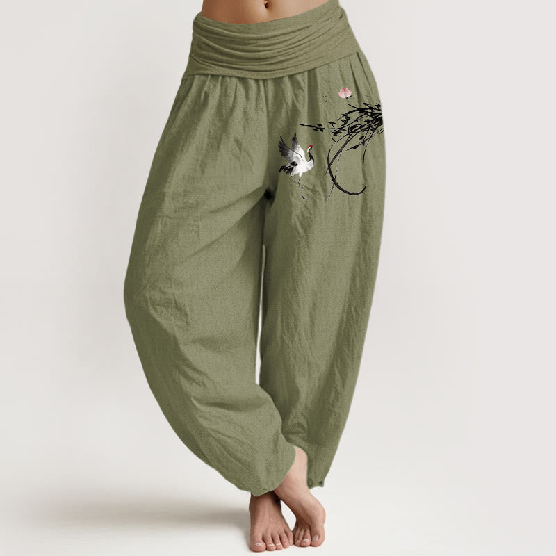 Nimara Ritual Pure Cotton Minimalist Style Crane Lotus Branch Leaf Pattern Women's Elastic Waist Harem Pants