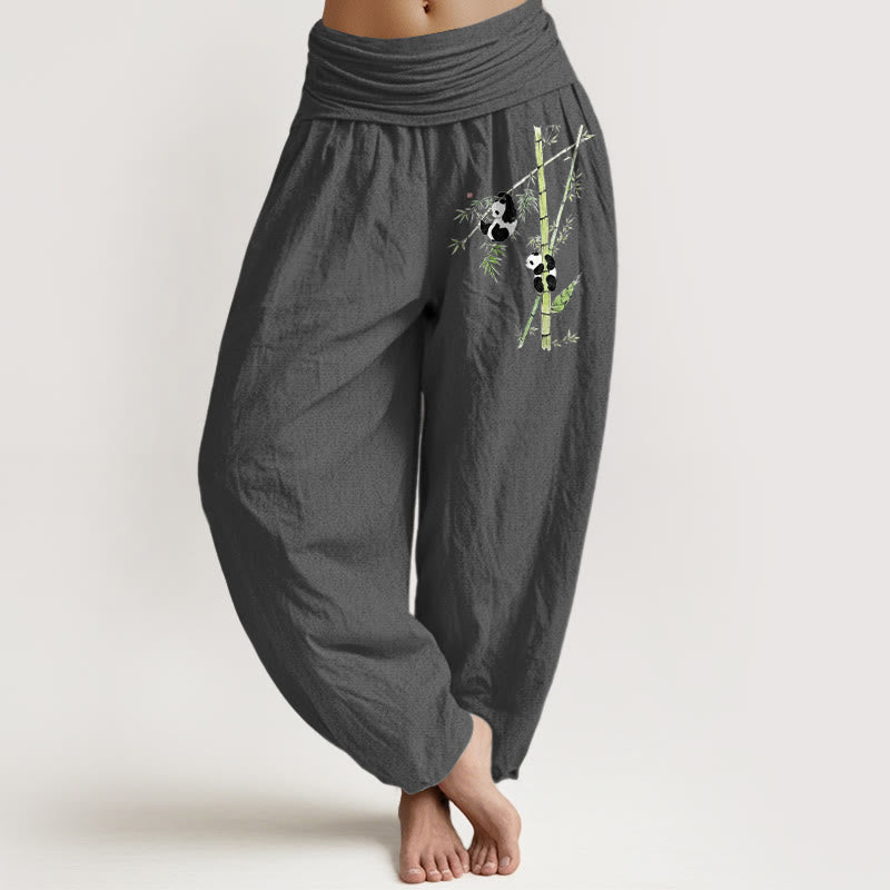 Nimara Ritual Pure Cotton Simple Style Panda Bamboo Pattern Women's Elastic Waist Harem Pants