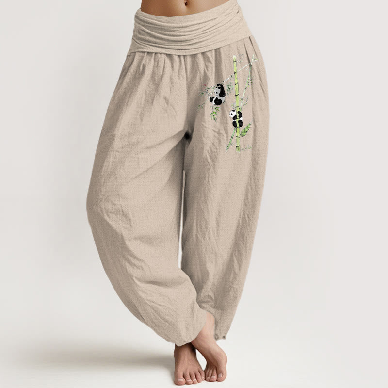 Nimara Ritual Pure Cotton Simple Style Panda Bamboo Pattern Women's Elastic Waist Harem Pants
