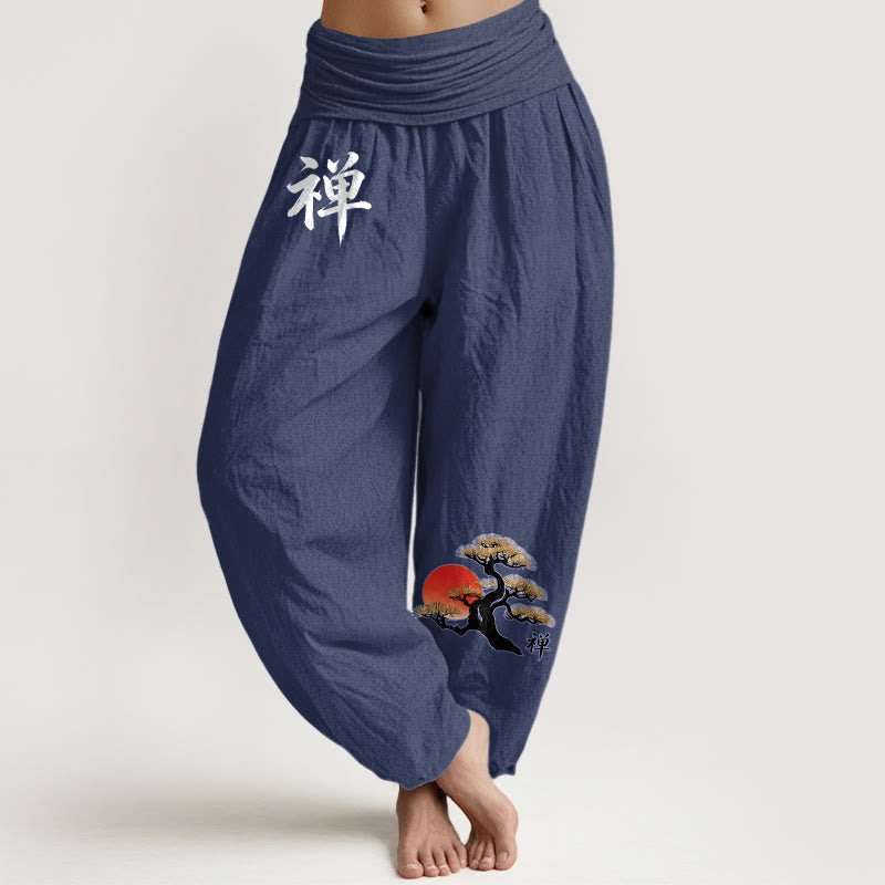 Nimara Ritual Pure Cotton Simple Style Sun Pine Chinese Character Pattern Women's Elastic Waist Harem Pants