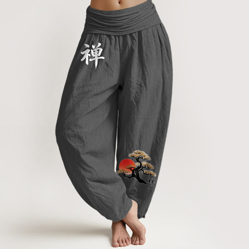 Nimara Ritual Pure Cotton Simple Style Sun Pine Chinese Character Pattern Women's Elastic Waist Harem Pants