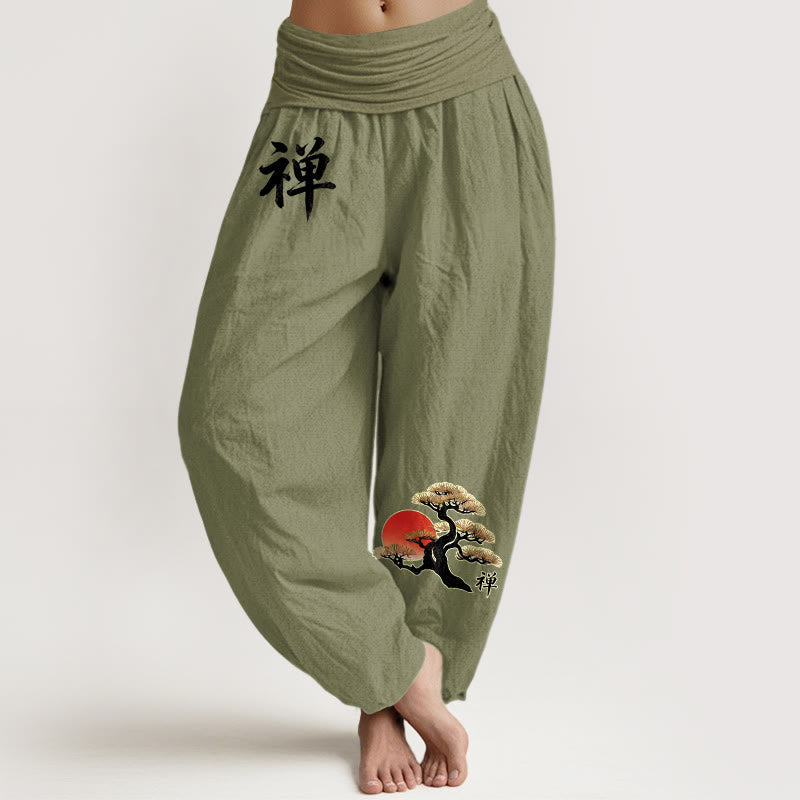 Nimara Ritual Pure Cotton Simple Style Sun Pine Chinese Character Pattern Women's Elastic Waist Harem Pants