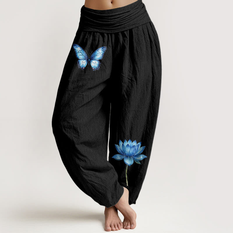 Nimara Ritual Pure Cotton Dreamy Butterfly Lotus Pattern Women's Elastic Waist Harem Pants