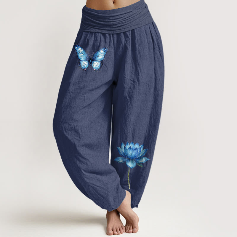 Nimara Ritual Pure Cotton Dreamy Butterfly Lotus Pattern Women's Elastic Waist Harem Pants