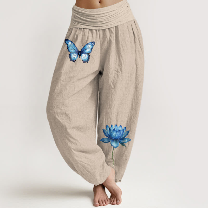 Nimara Ritual Pure Cotton Dreamy Butterfly Lotus Pattern Women's Elastic Waist Harem Pants