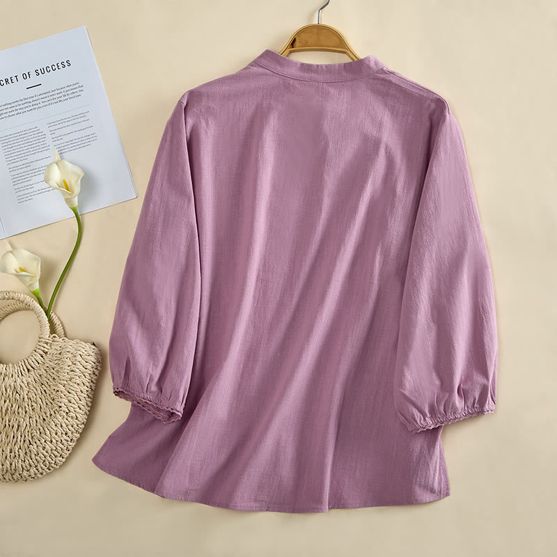 Nimara Ritual Plain Crew Neck Frog-Button Long Sleeve Women's Cotton Shirt