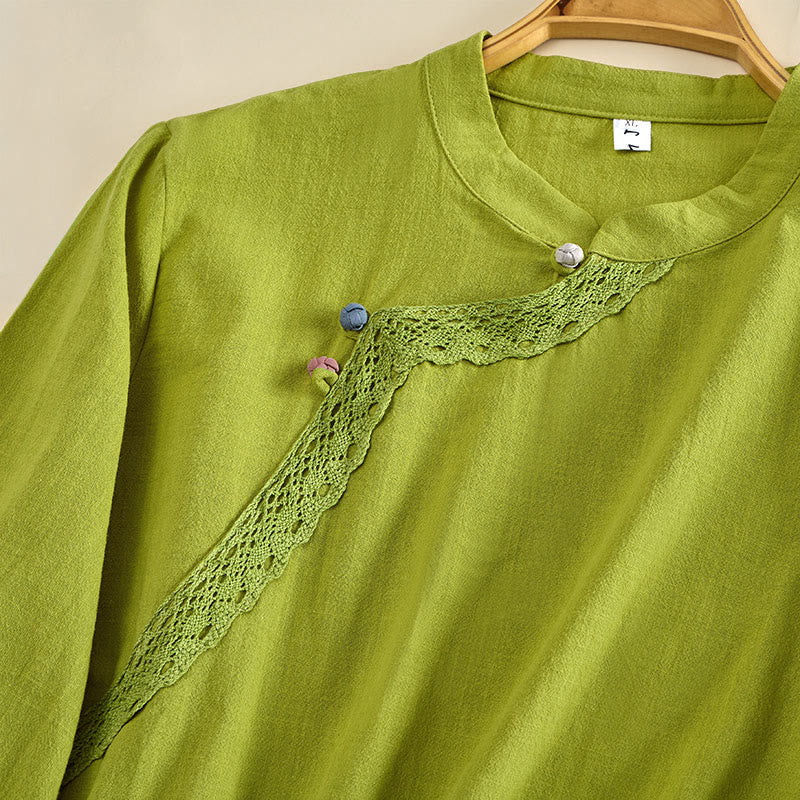Nimara Ritual Plain Crew Neck Frog-Button Long Sleeve Women's Cotton Shirt