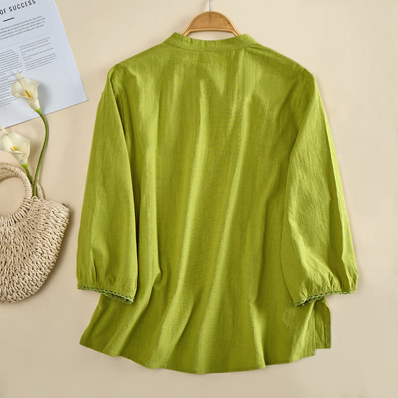 Nimara Ritual Plain Crew Neck Frog-Button Long Sleeve Women's Cotton Shirt