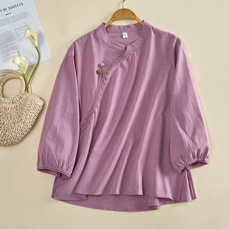 Nimara Ritual Plain Crew Neck Frog-Button Long Sleeve Women's Cotton Shirt