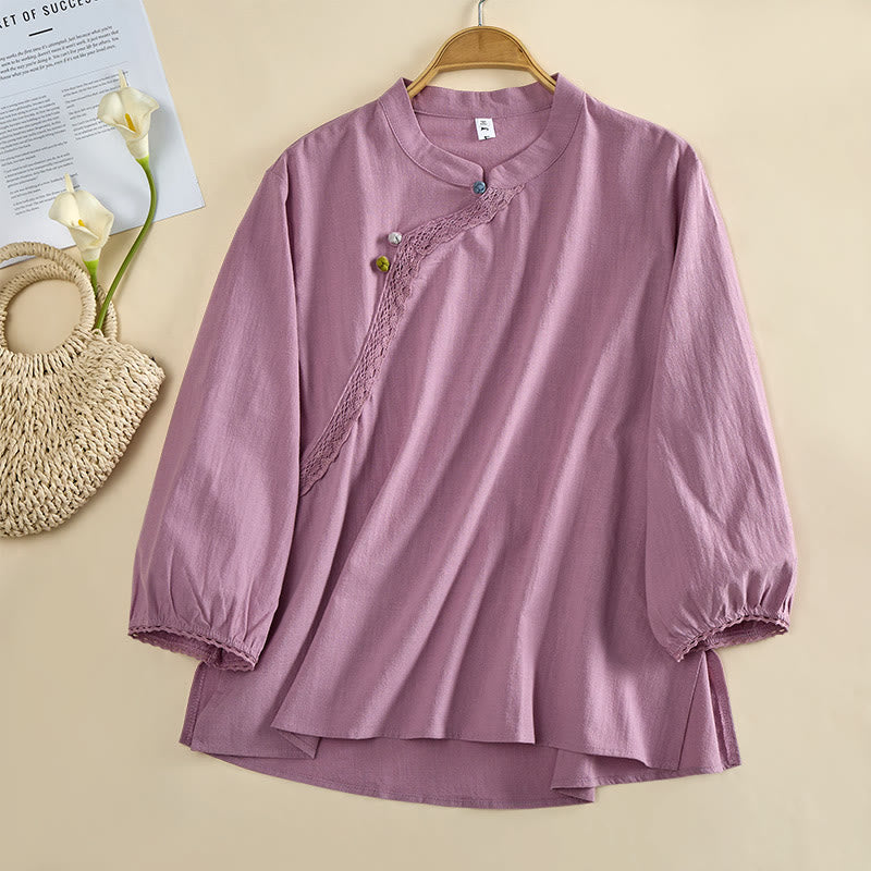 Nimara Ritual Plain Crew Neck Frog-Button Long Sleeve Women's Cotton Shirt