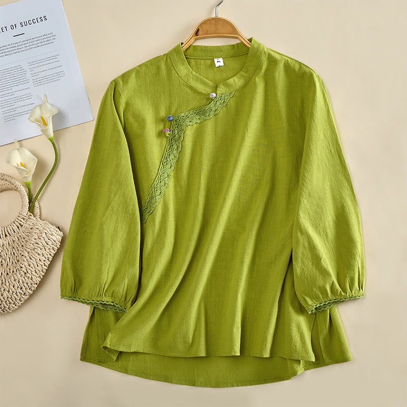 Nimara Ritual Plain Crew Neck Frog-Button Long Sleeve Women's Cotton Shirt