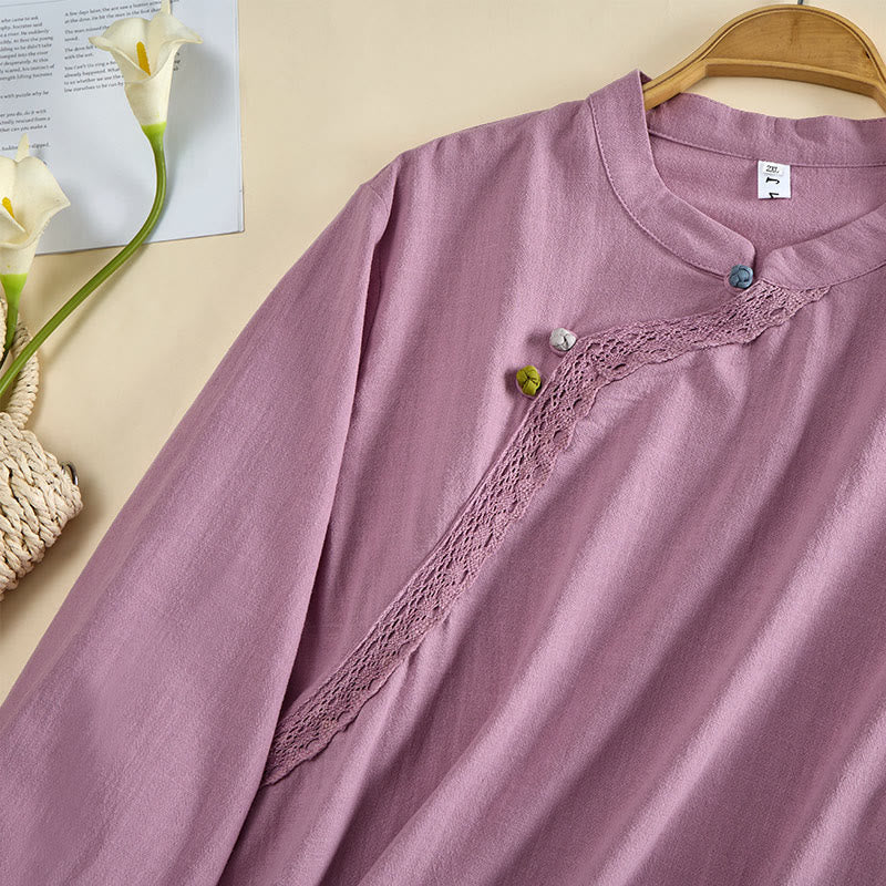 Nimara Ritual Plain Crew Neck Frog-Button Long Sleeve Women's Cotton Shirt
