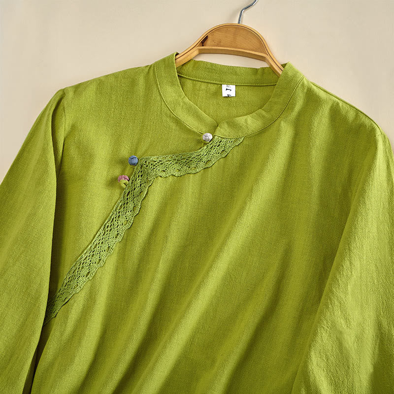 Nimara Ritual Plain Crew Neck Frog-Button Long Sleeve Women's Cotton Shirt
