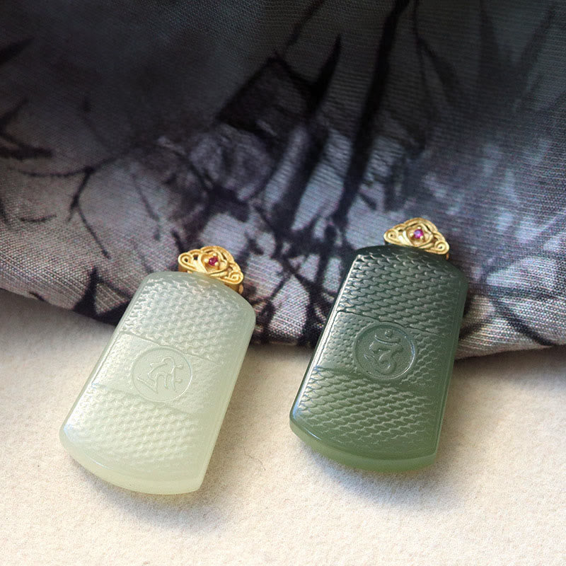 Nimara Ritual Hetian Jade 925 Sterling Silver Om Symbol Prosperity Necklace Pendant