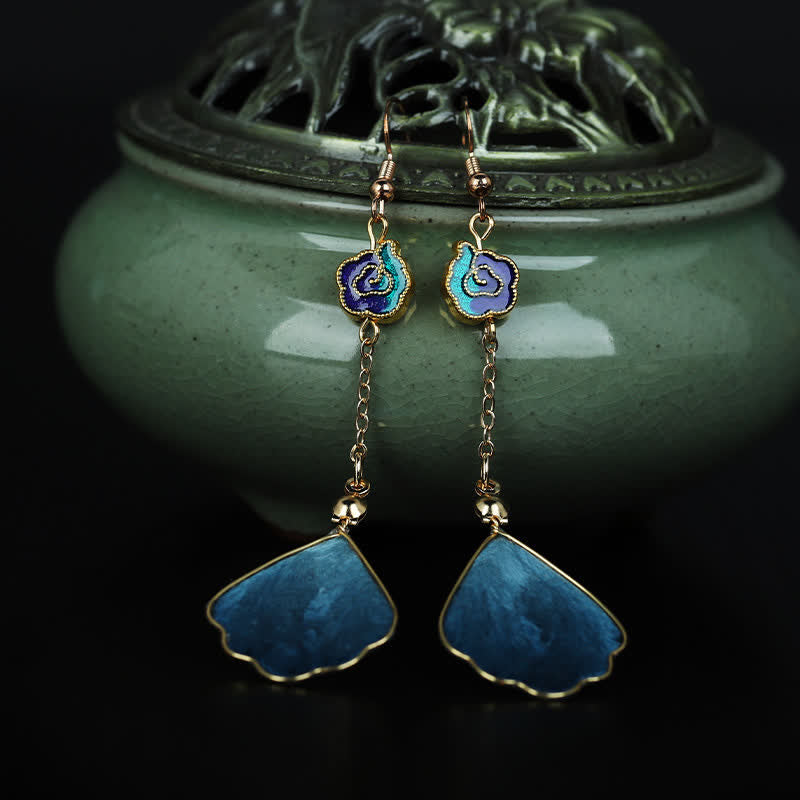 Nimara Ritual Handcrafted Silk Art Petal Good Fortune Blessing Dangle Hook Earrings