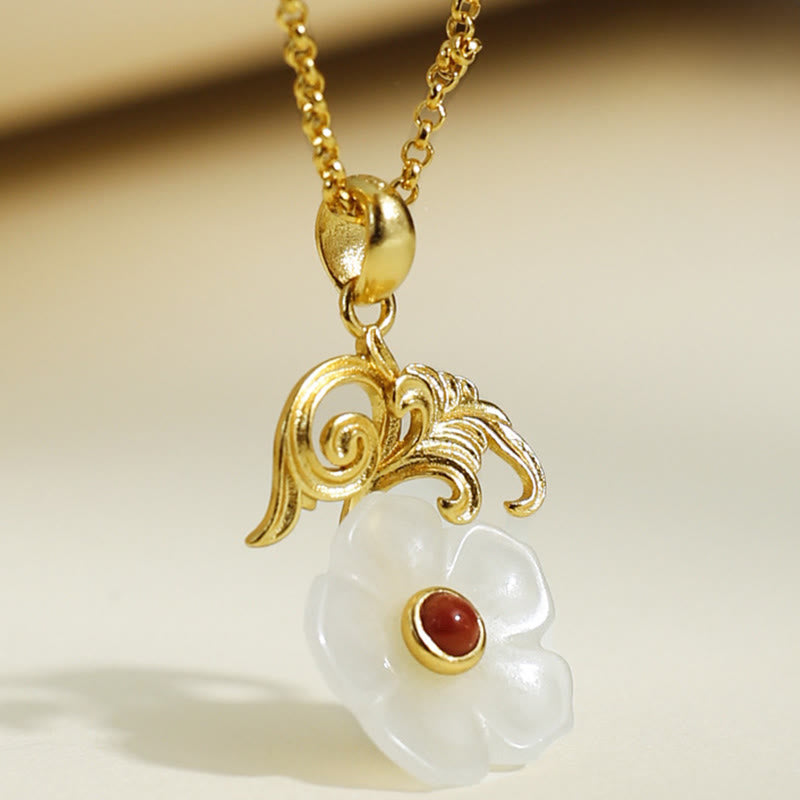 Nimara Ritual Hetian Jade Flower 925 Sterling Silver Luck Necklace Pendant