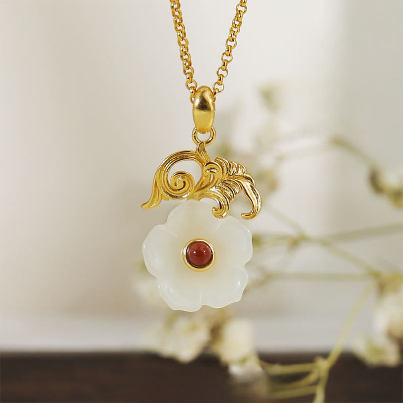 Nimara Ritual Hetian Jade Flower 925 Sterling Silver Luck Necklace Pendant