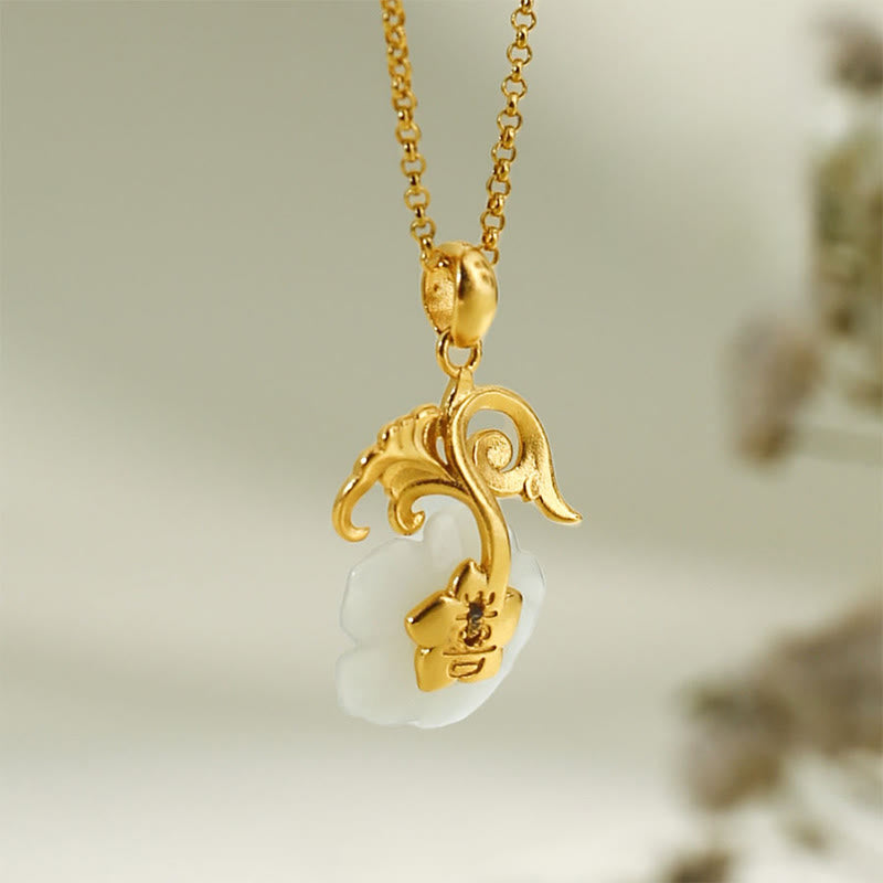 Nimara Ritual Hetian Jade Flower 925 Sterling Silver Luck Necklace Pendant