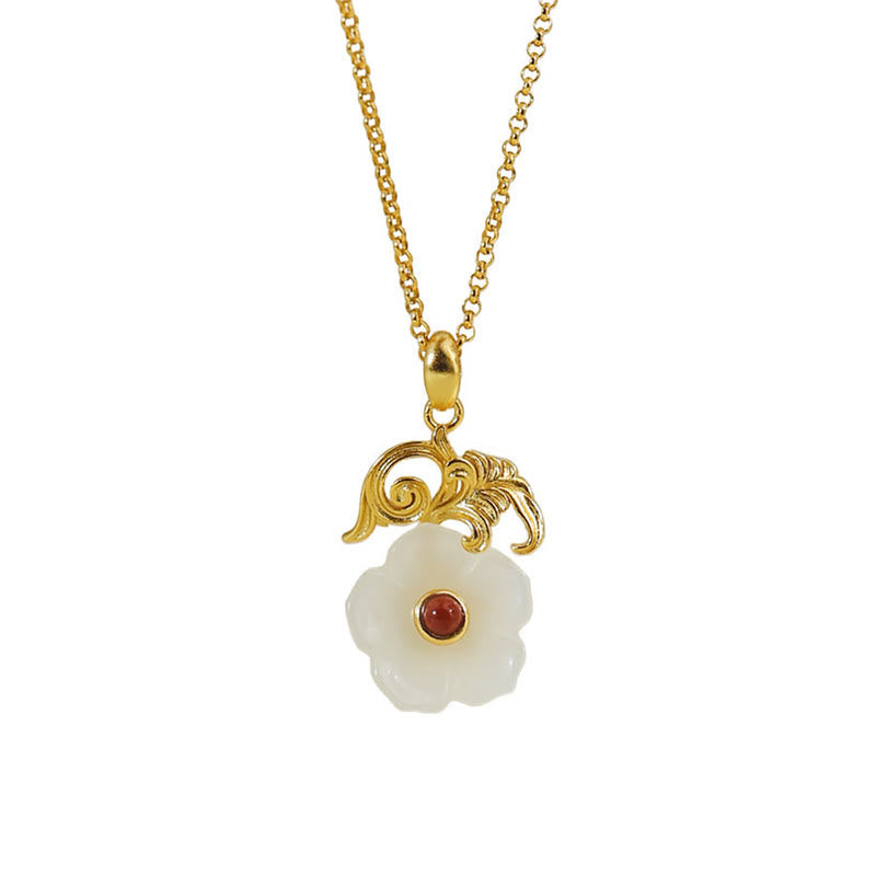 Nimara Ritual Hetian Jade Flower 925 Sterling Silver Luck Necklace Pendant
