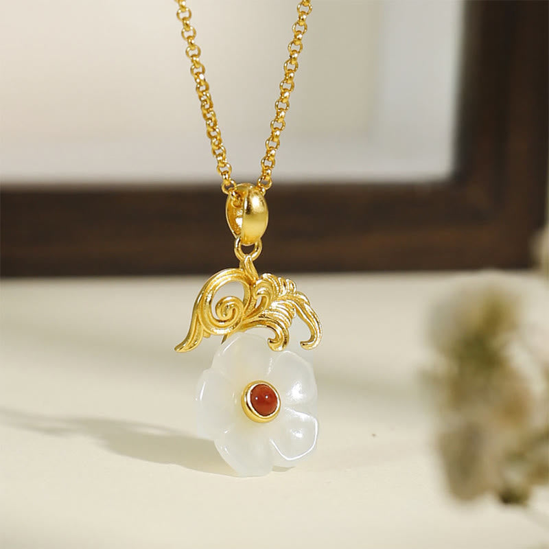 Nimara Ritual Hetian Jade Flower 925 Sterling Silver Luck Necklace Pendant