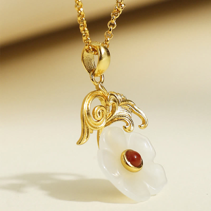 Nimara Ritual Hetian Jade Flower 925 Sterling Silver Luck Necklace Pendant