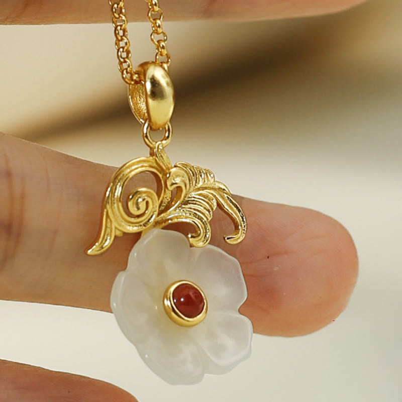 Nimara Ritual Hetian Jade Flower 925 Sterling Silver Luck Necklace Pendant