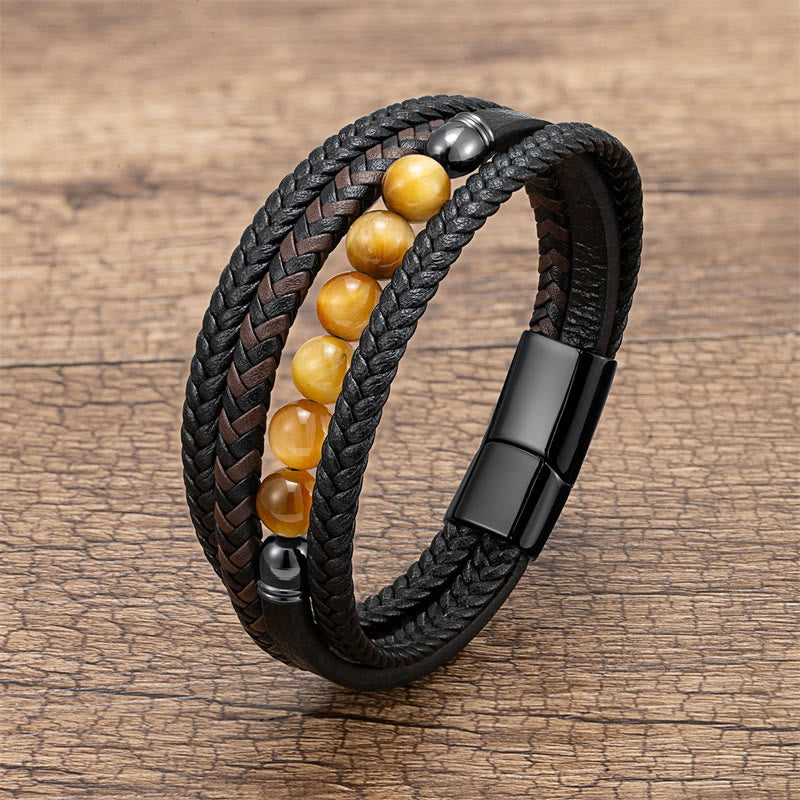 Nimara Ritual Tiger Eye Lava Rock Black Onyx Lazurite Lapis Lazuli Hematite Bead Positive Leather Bracelet