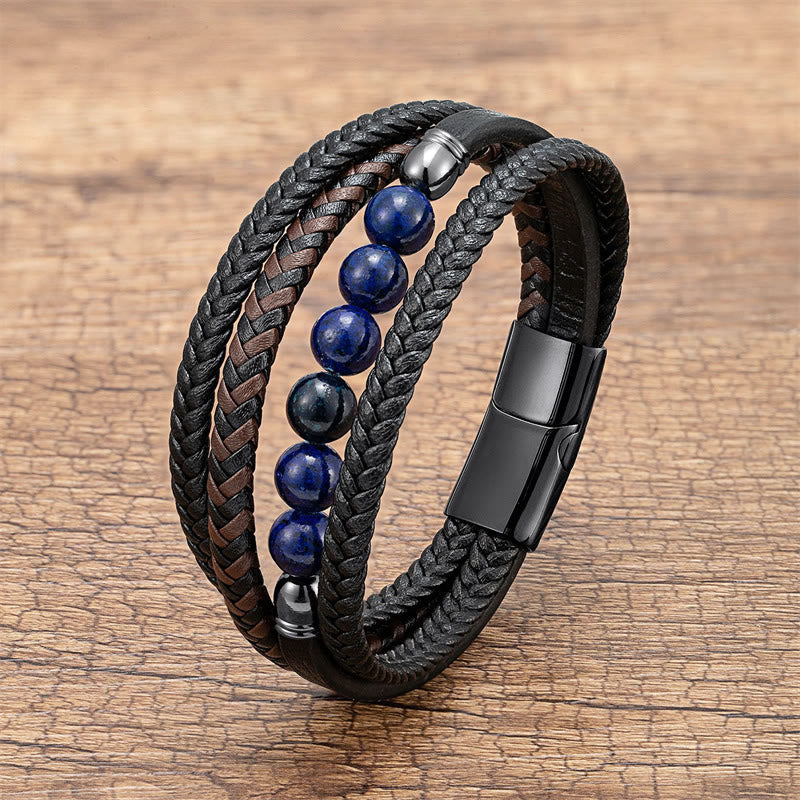 Nimara Ritual Tiger Eye Lava Rock Black Onyx Lazurite Lapis Lazuli Hematite Bead Positive Leather Bracelet