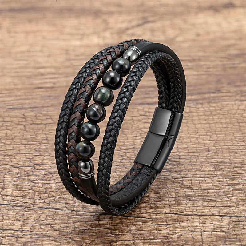Nimara Ritual Tiger Eye Lava Rock Black Onyx Lazurite Lapis Lazuli Hematite Bead Positive Leather Bracelet